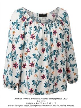 Promise White Floral Peasant Blouse with Teal Leaves & Pink Flowers
